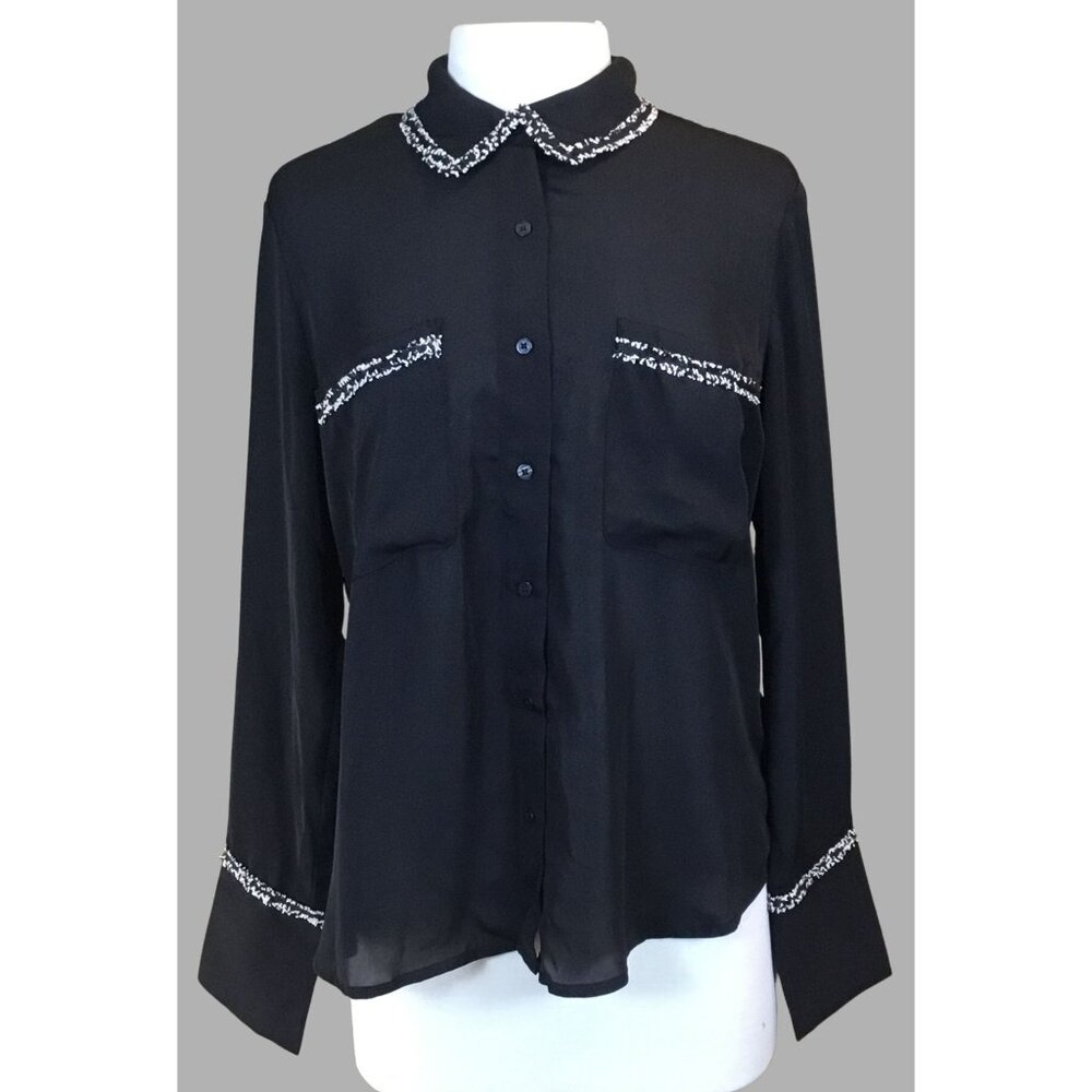 Laundry Shelli Segal Long Sleeve Black Button Front Blouse Boucle Trim Med NWT
